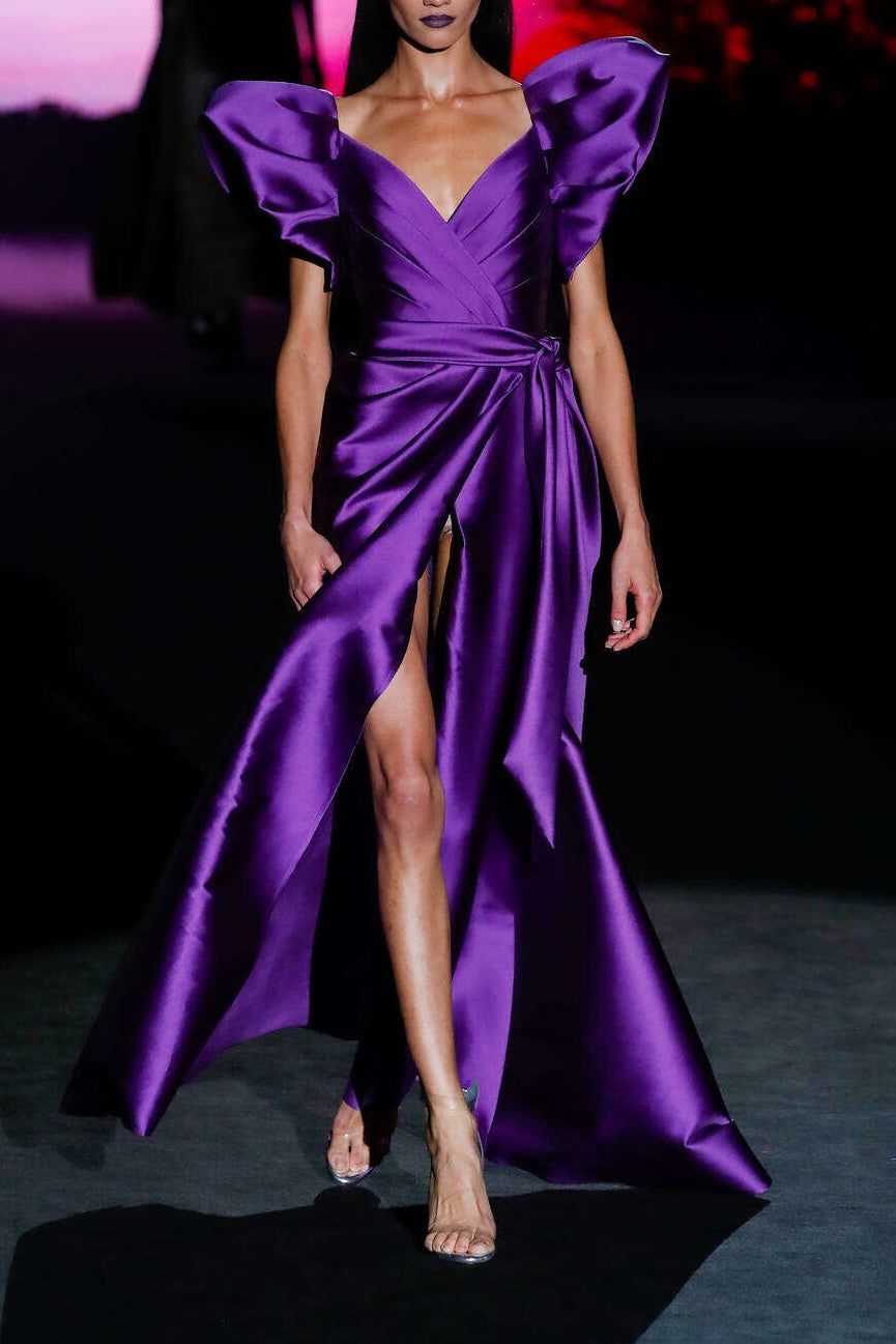 Puffed Shoulder Draped Dress