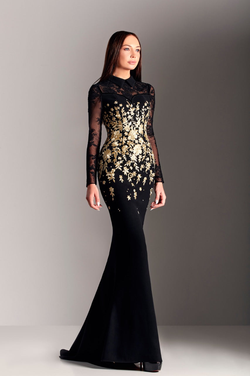 Embroidered Long Sleeve Crepe Gown