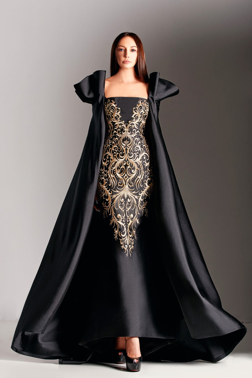 Embroidered Faille Cape Gown