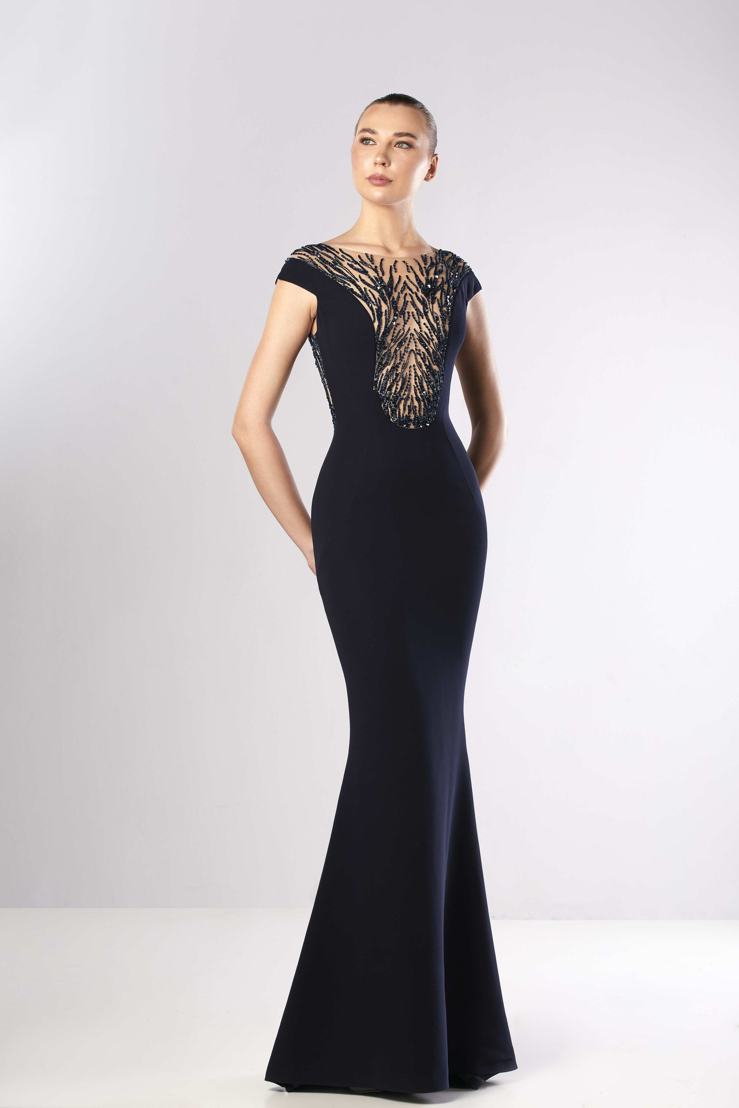 Beaded Crepe Cap Sleeve Gown