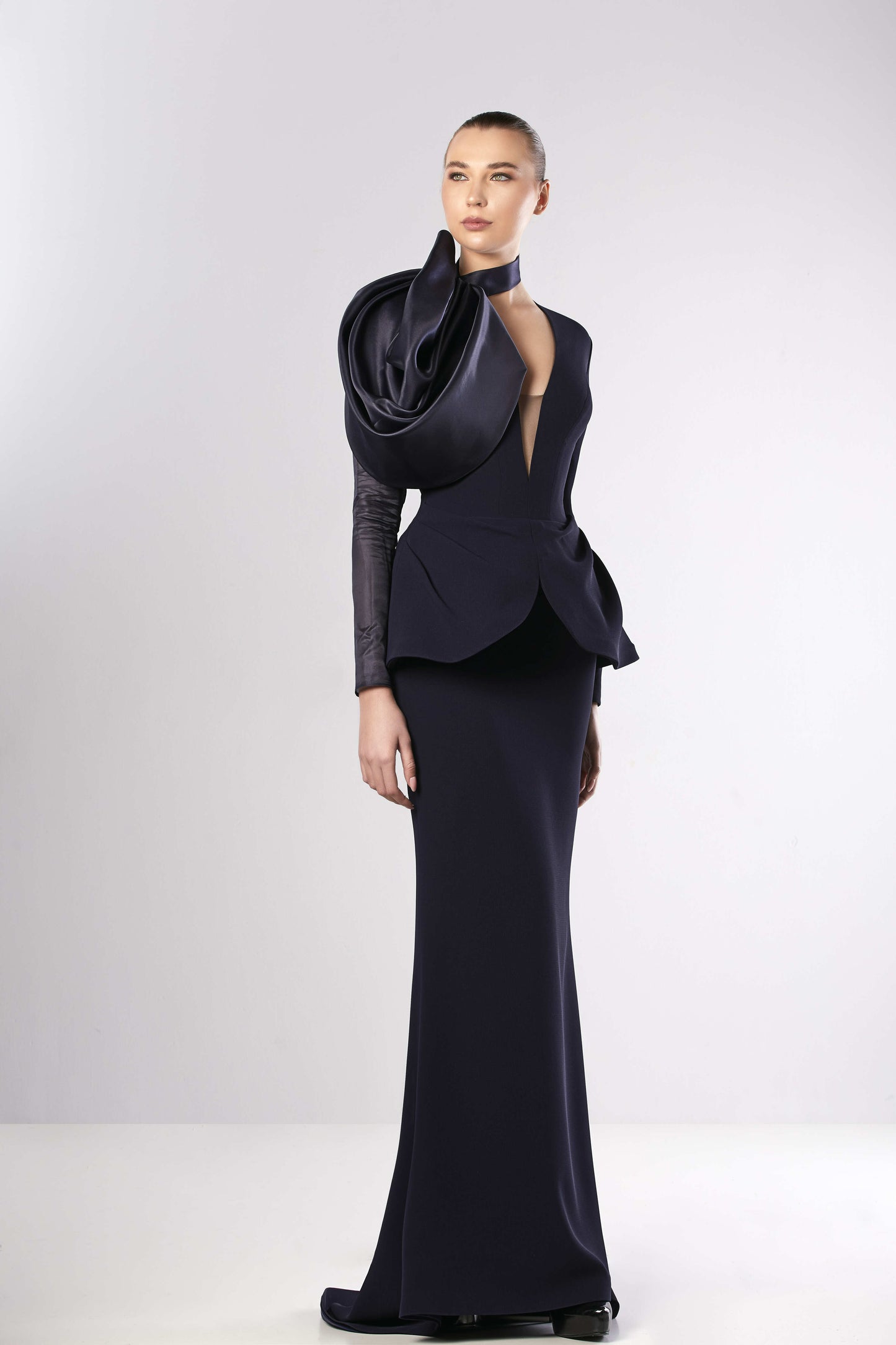 Long Sleeve Peplum Crepe Gown