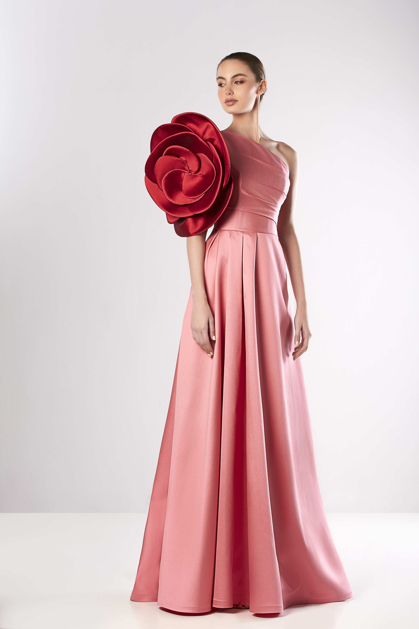 One Shoulder Rosette Faille Gown