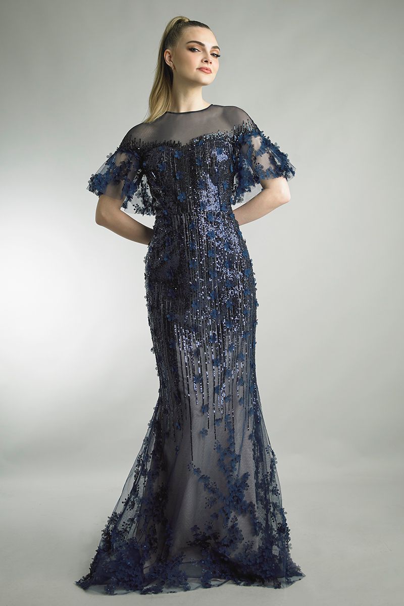 Short Cape Sleeve Embellished Gown