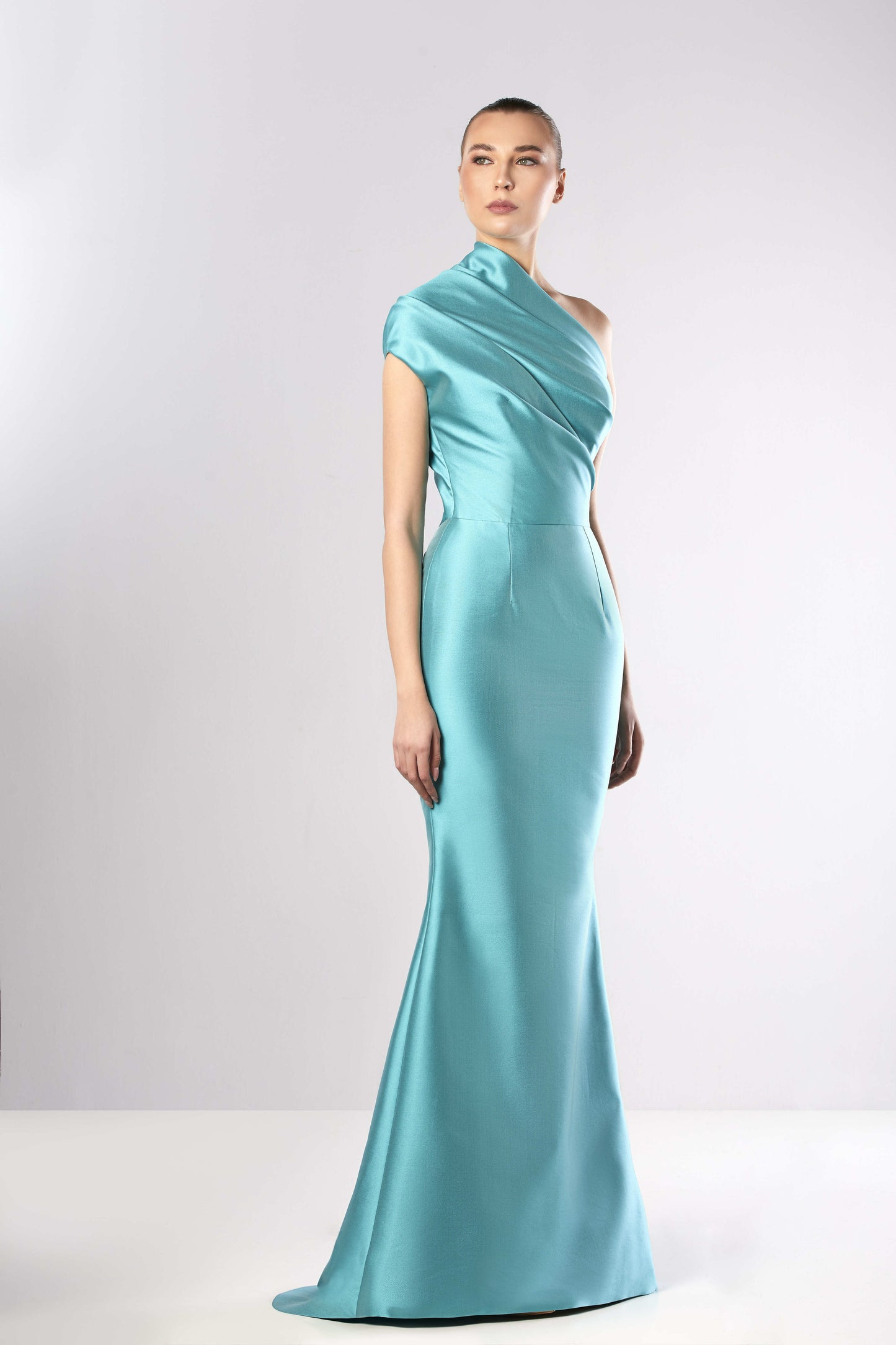 Asymmetrical Neck Faille Gown