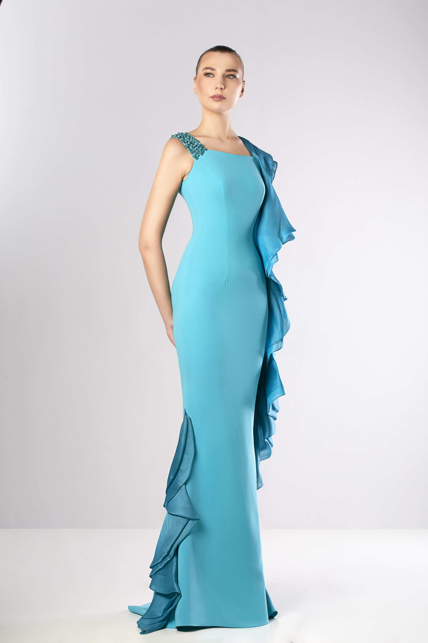 Organza Ruffle Crepe Gown