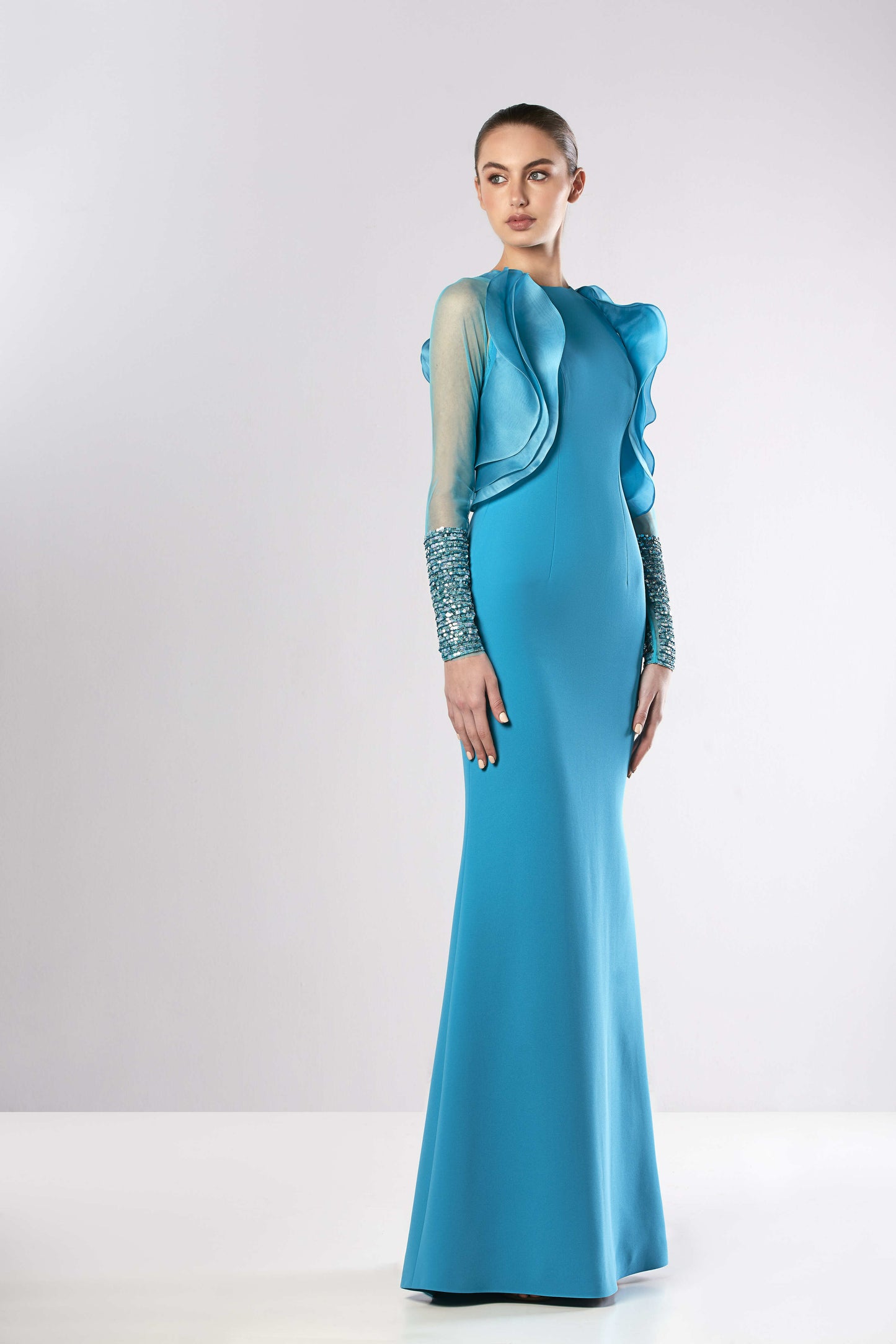 Beaded Organza Ruffle Crepe Gown