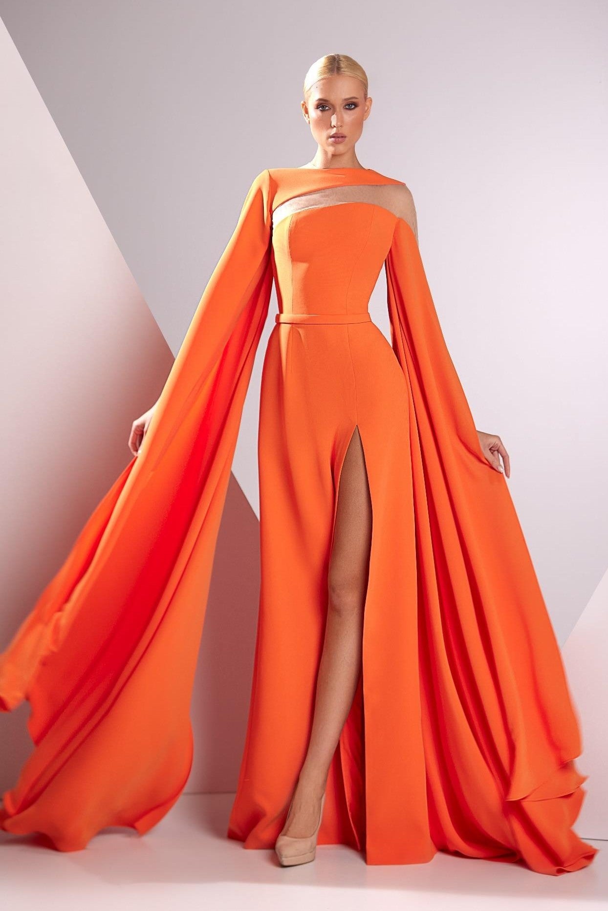 Crepe Cady Cape Sleeve Gown