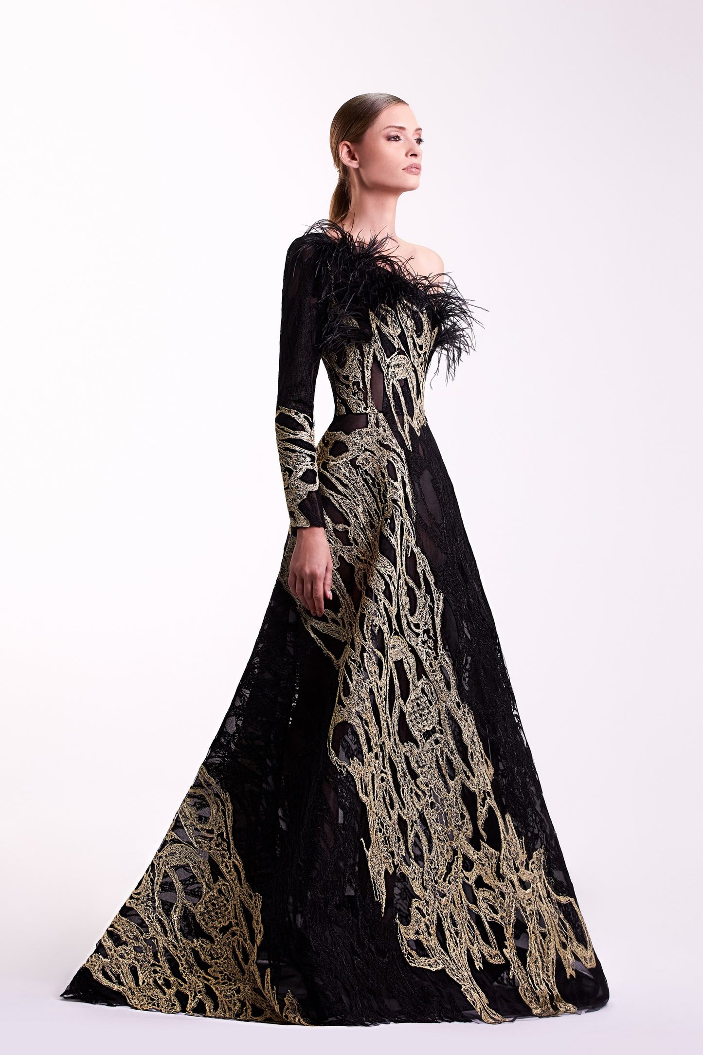 One Shoulder Feather Gown