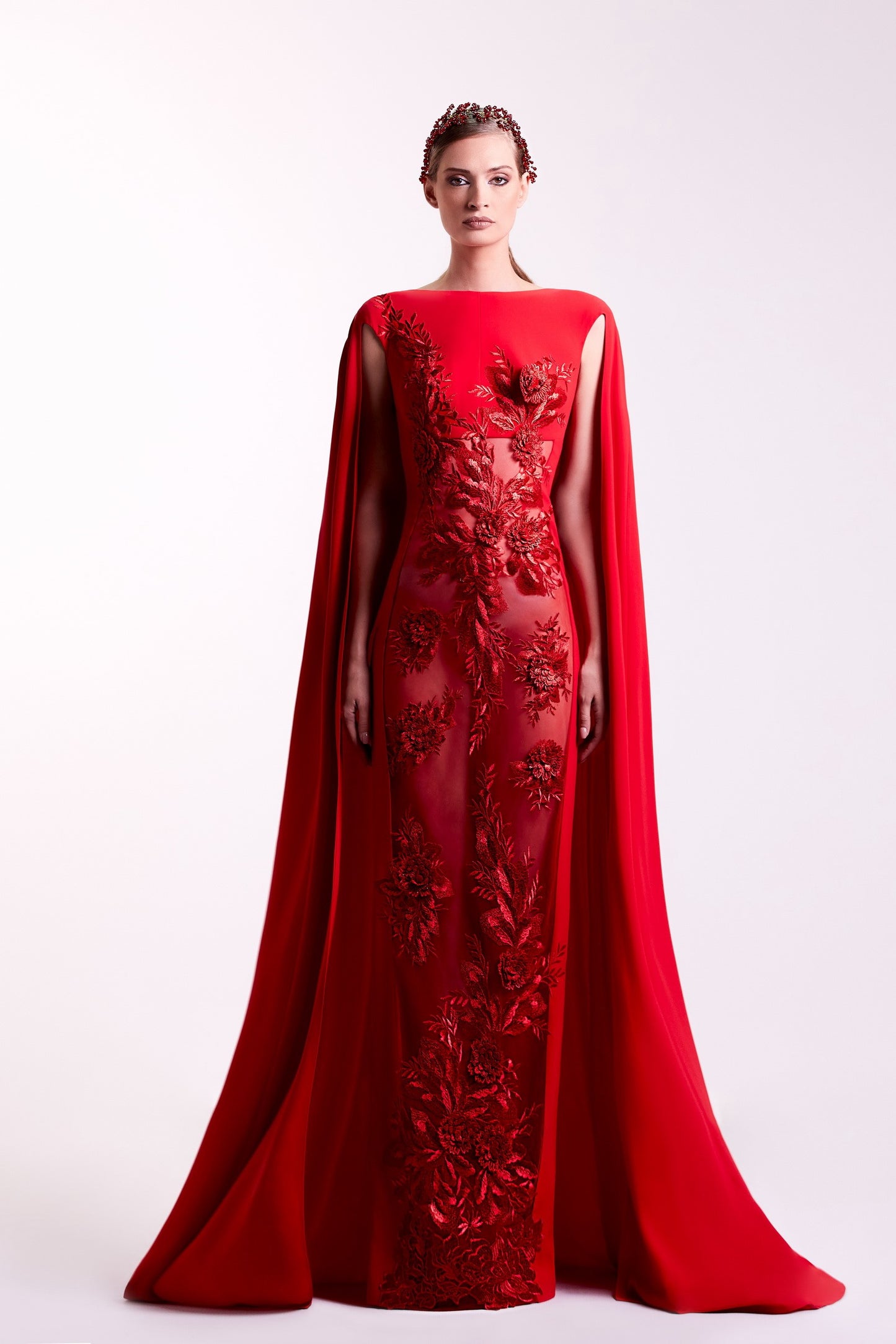 Crepe Red Cape Gown
