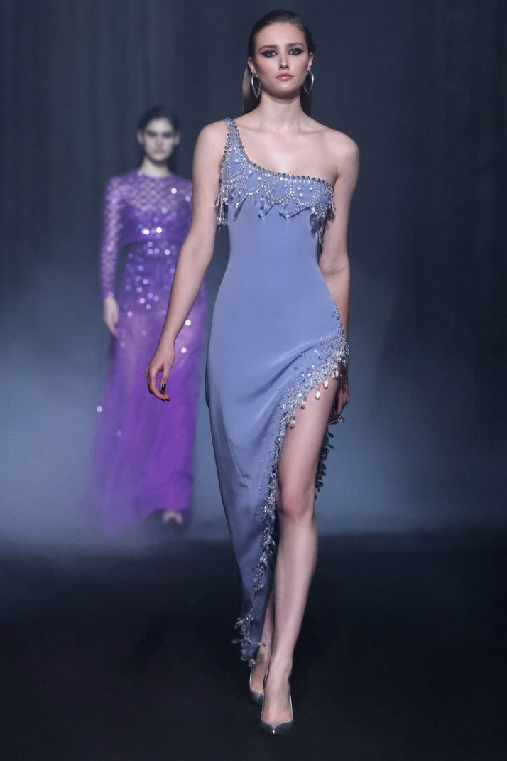 Beaded One Shoulder Crepe Dress