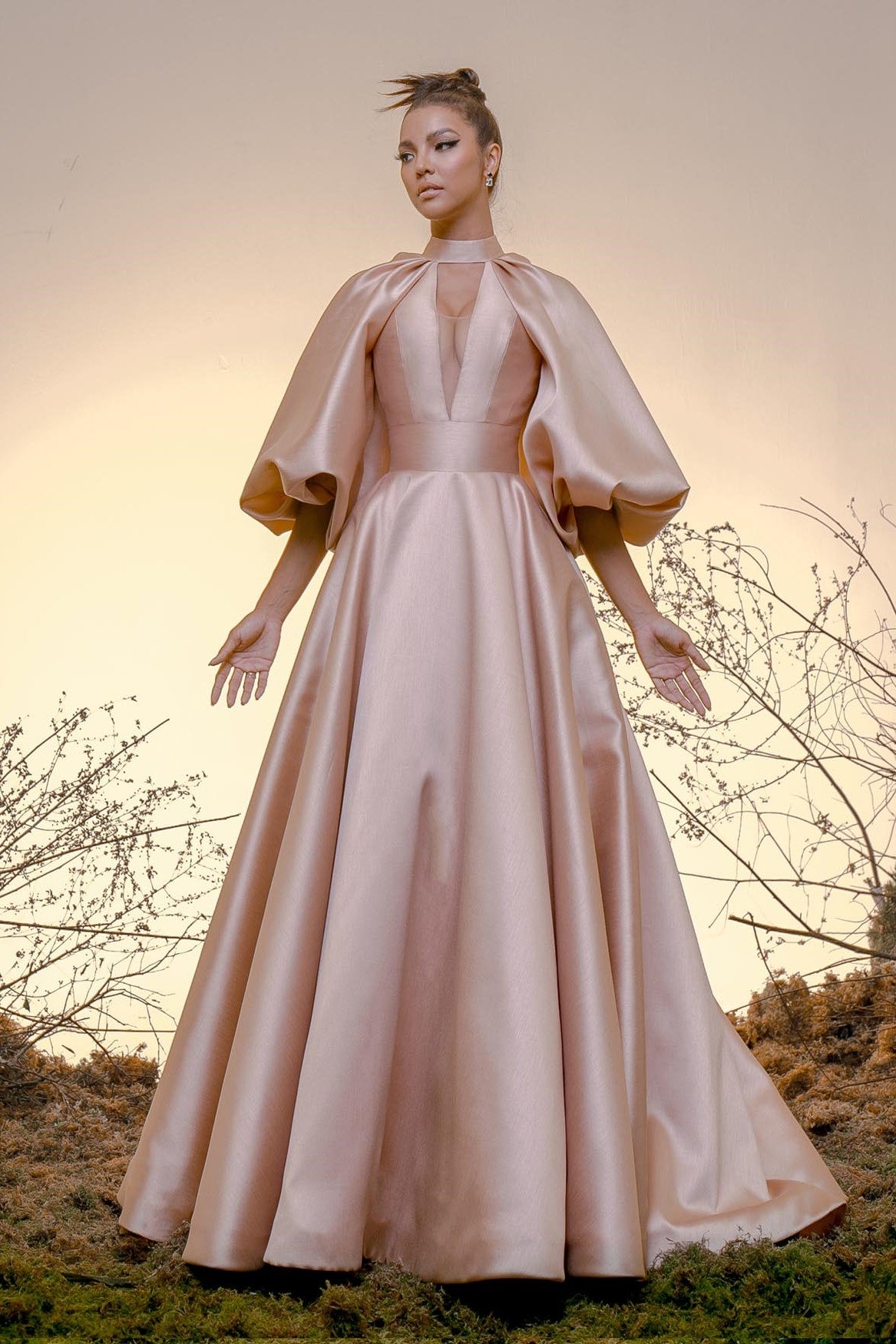 Puffed Sleeve A-Line Silk Gazar Gown