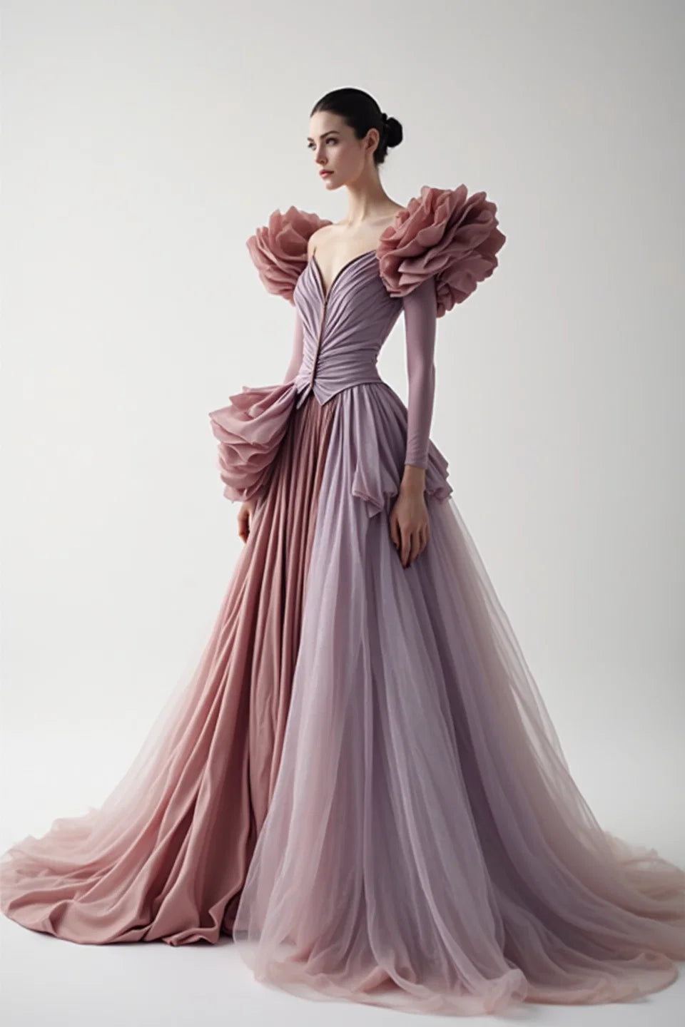 Ruffled Pleated A-Line Gown