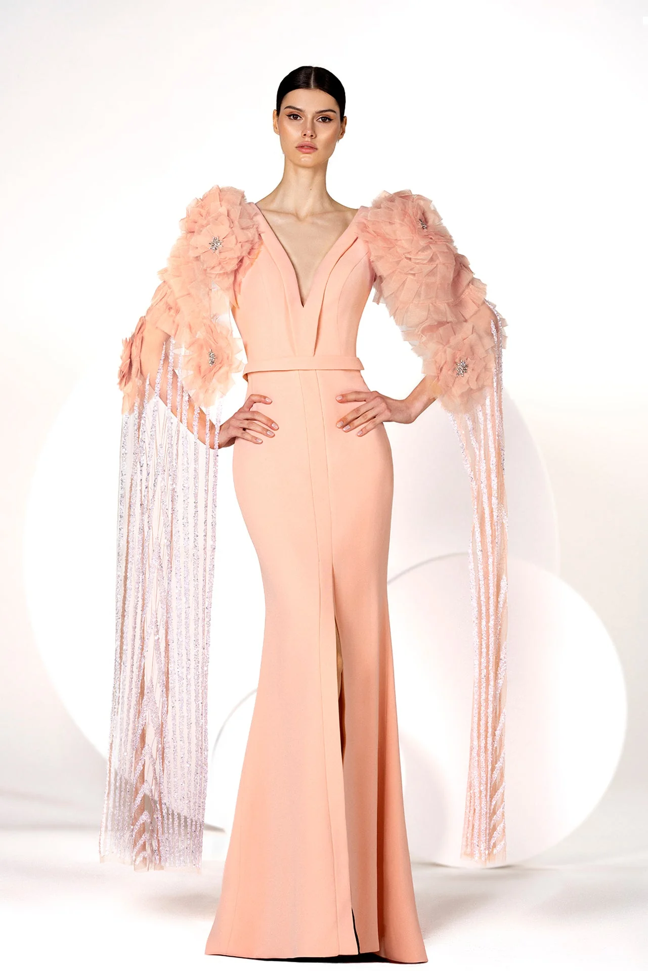 Deep V-Neck Crepe Gown with Organza Flowers