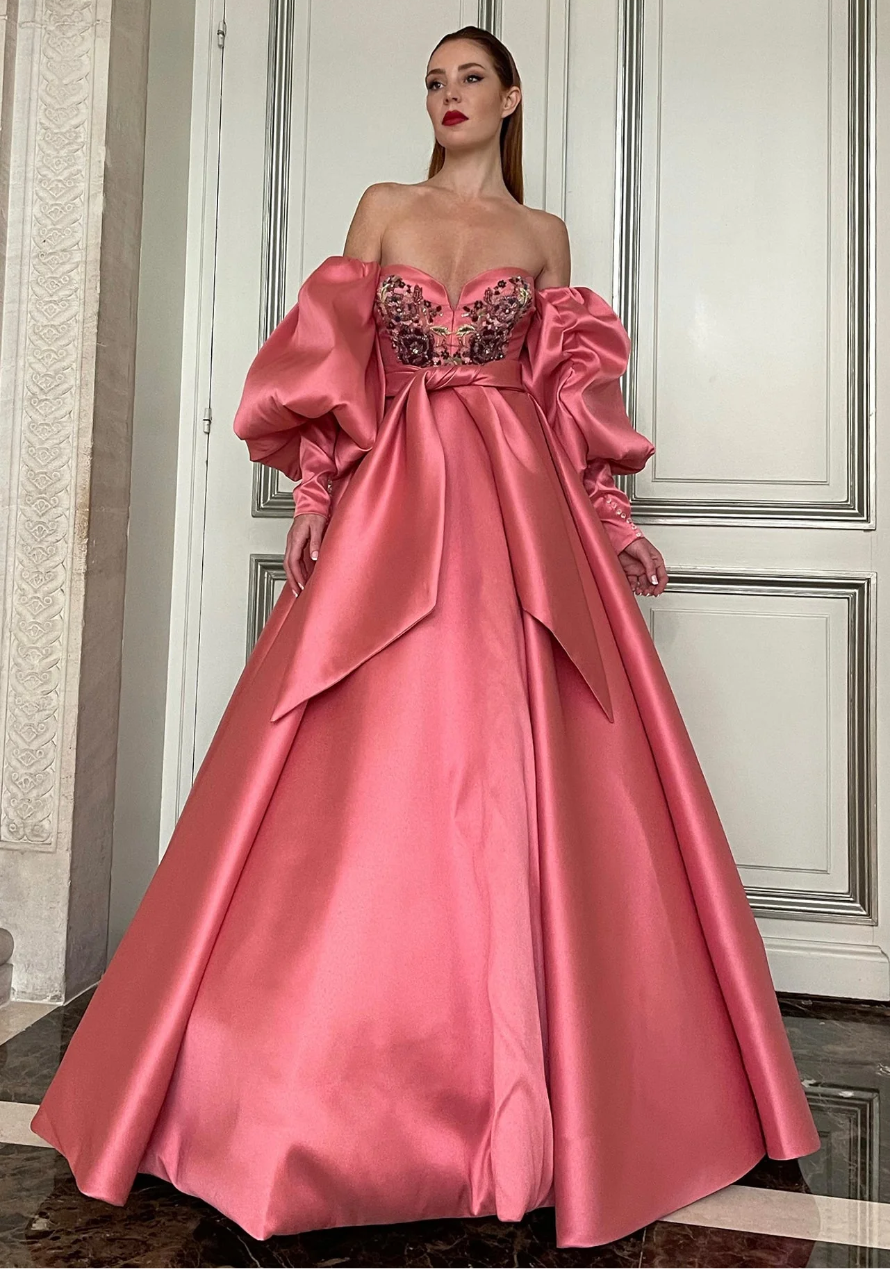 Puff Sleeve Satin Ball Gown
