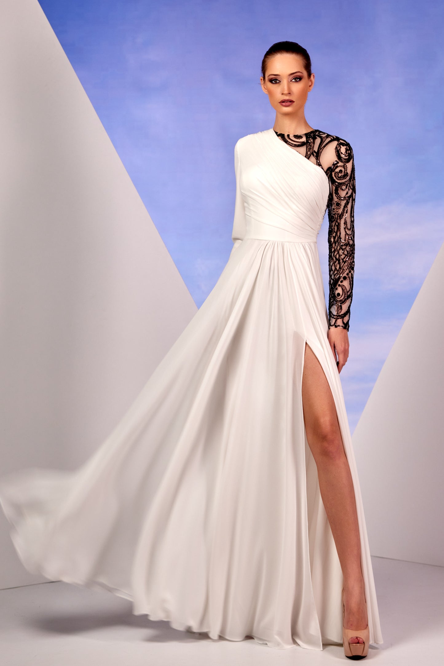 White Crepe and Black Lace Gown