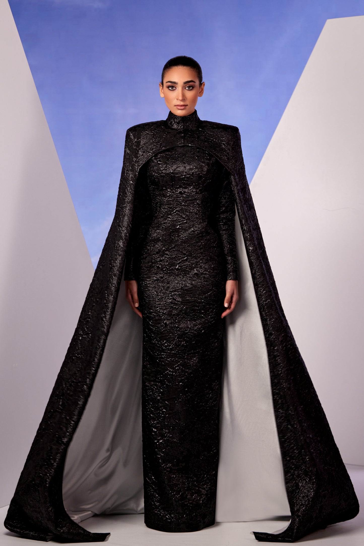 Caped Black Jacquard Gown