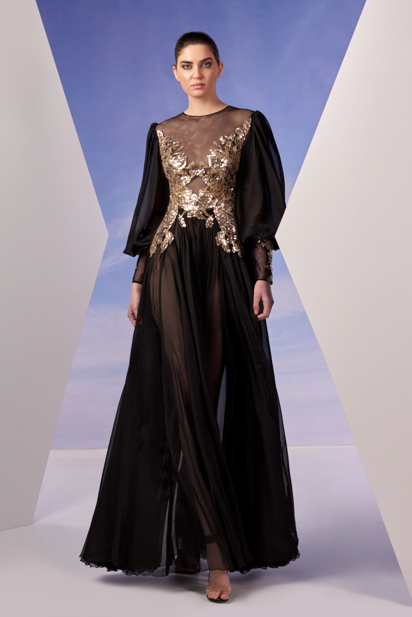 Long Sleeve Black Moussline Gown