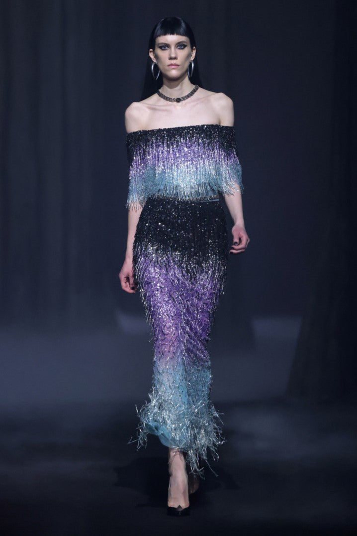 Off-Shoulder Beaded Tulle Dress with Fringe