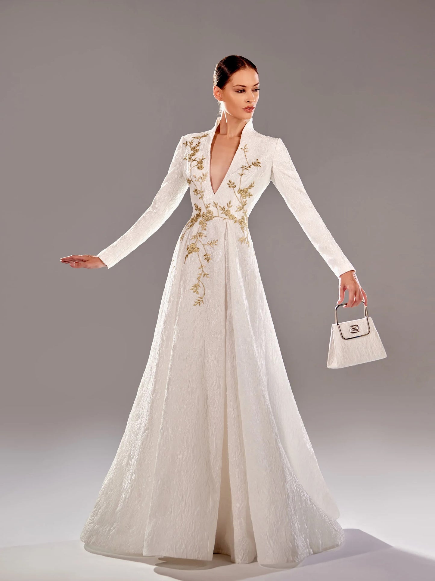 Embroidered V-Neck Gown