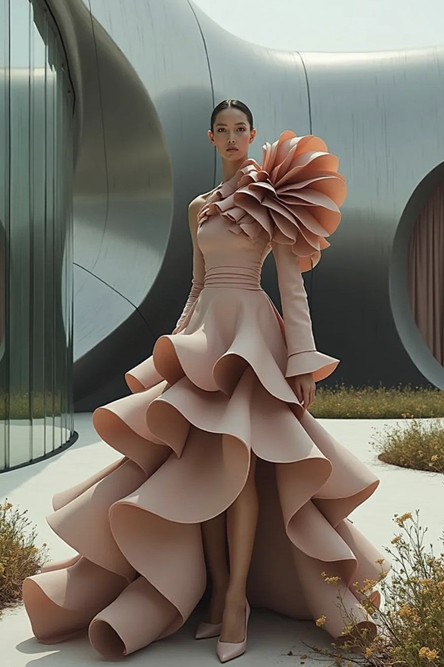 Ruffled Sleeved High-Low Gown