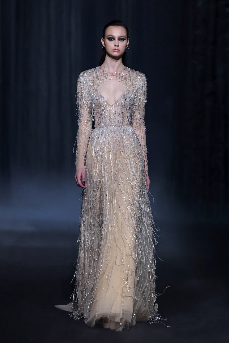 Beaded Tulle Gown with Cutout