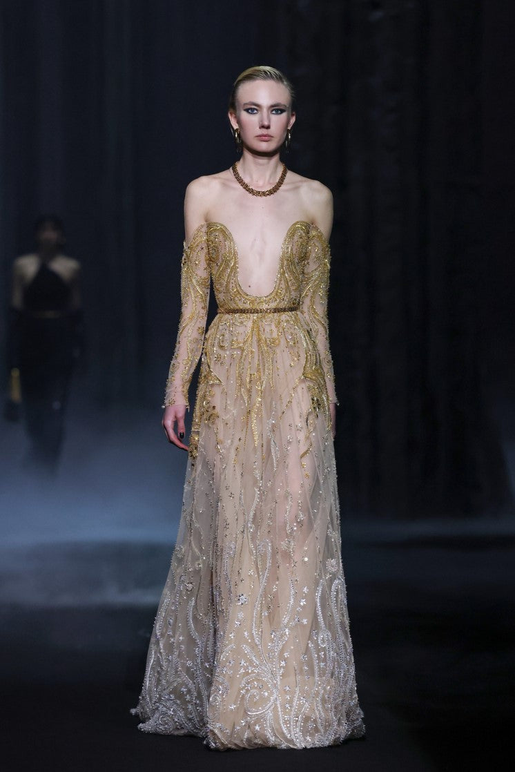 Beaded Tulle Exposed Decollete Gown