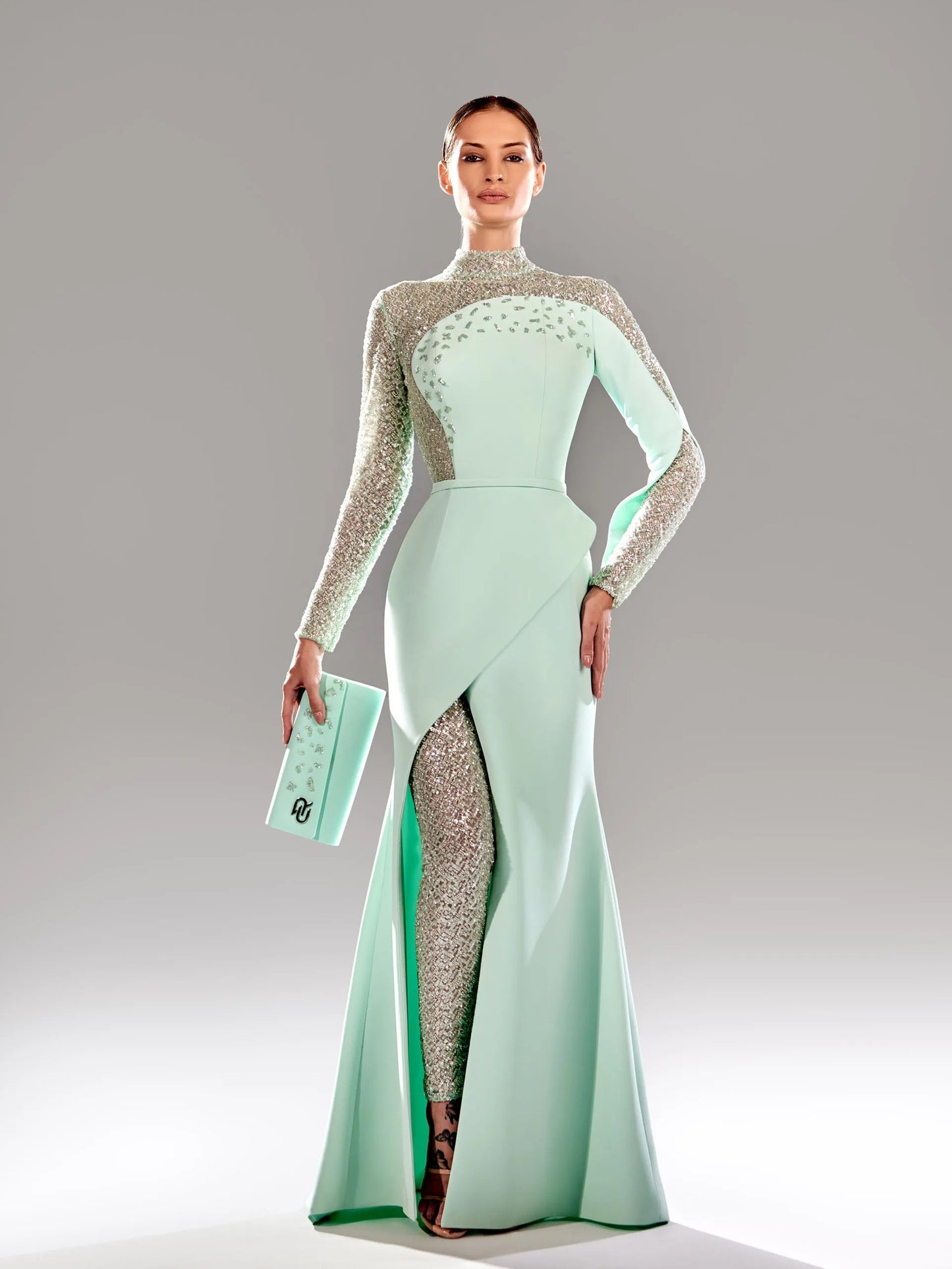 Beaded Long-Sleeve Gown