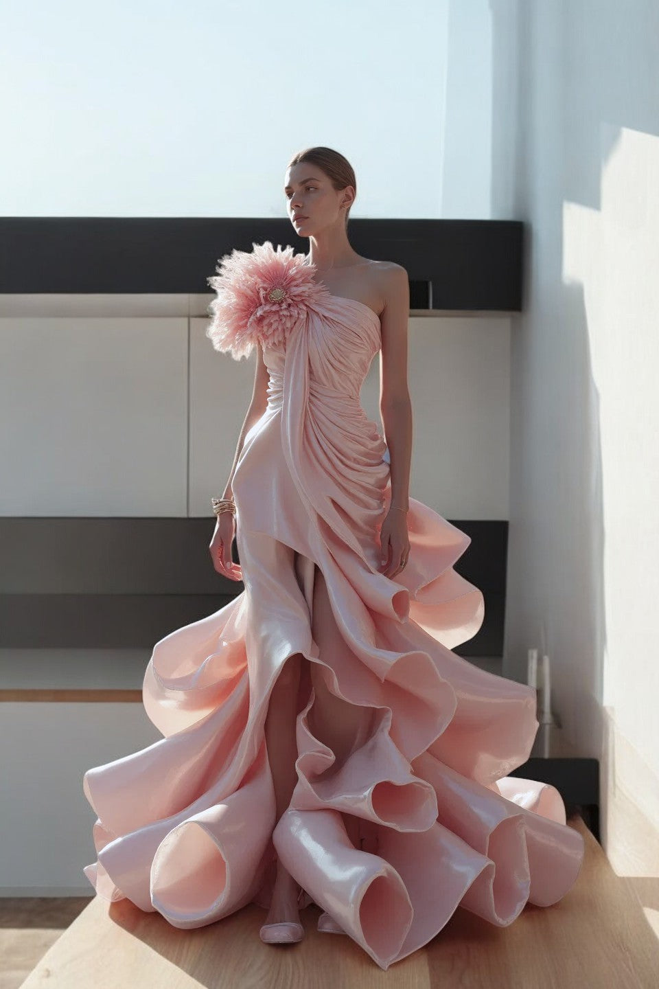 Floral One-Shoulder Gown