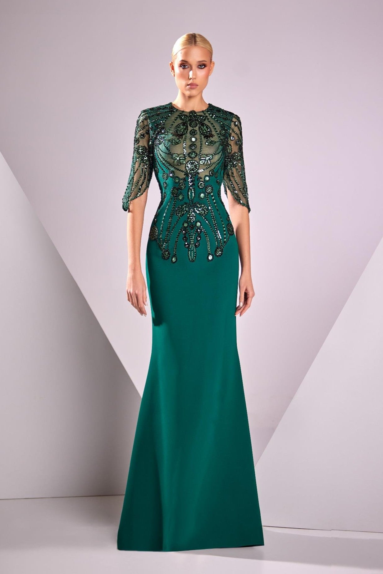 Crepe Cady Gown with Handmade Embroidery