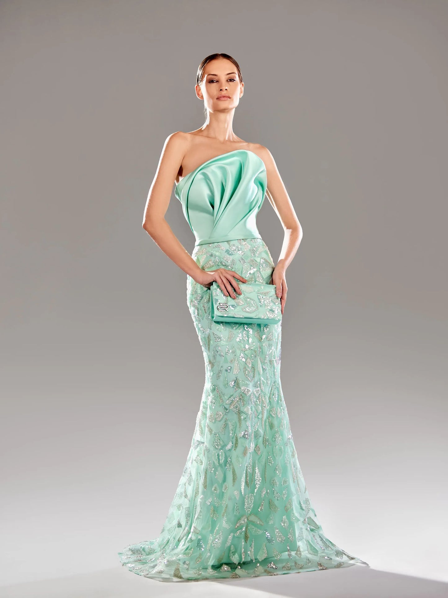 Strapless Beaded Satin Gown