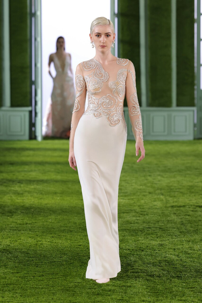 Crepe Gown with Crystallized Tulle Bodice