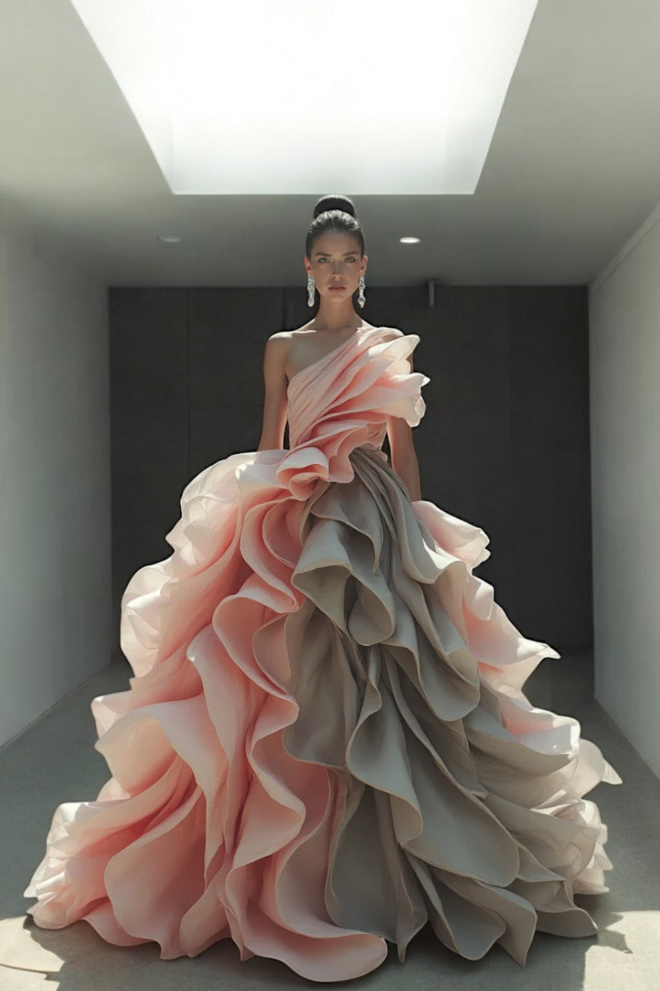 Cascading Ruffled One-Shoulder Gown