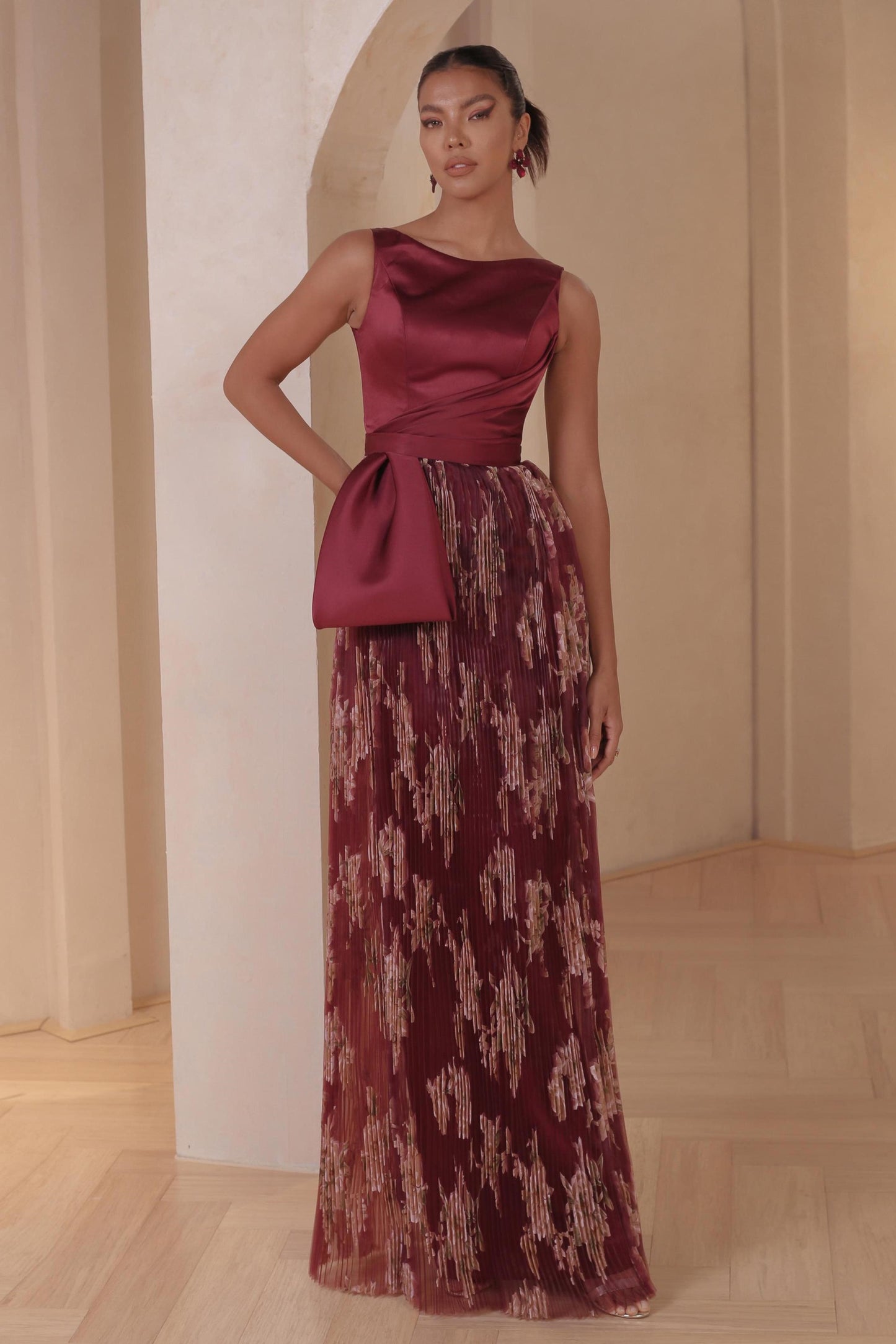 Boat Neck Pleated Floral Gown