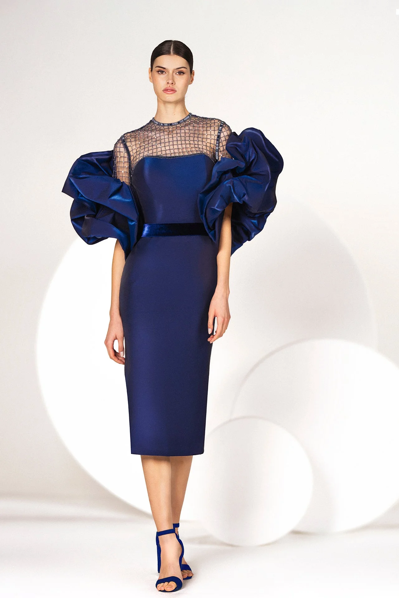 Beaded Bodice Taffeta Midi Dress