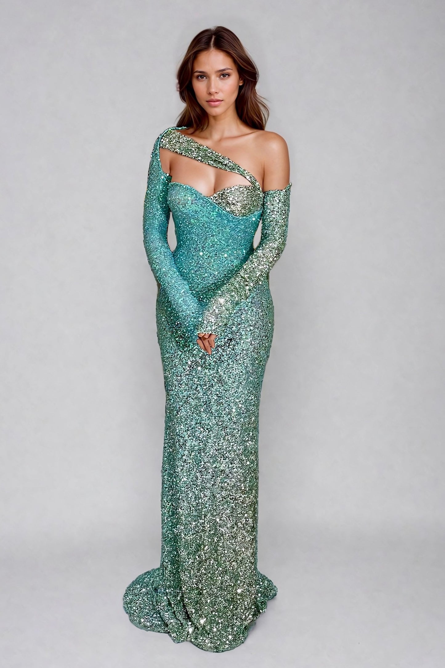 Asymmetric Long Sleeve Evening Gown