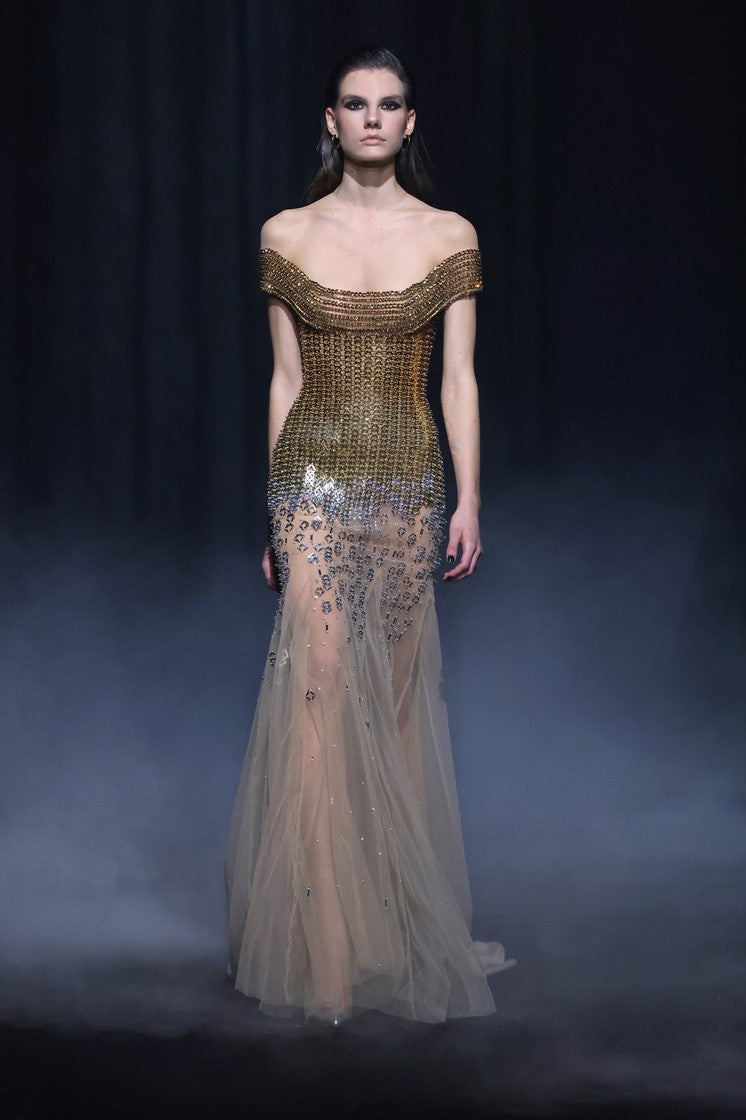 Beaded Tulle Exposed Decollete Illusion Gown