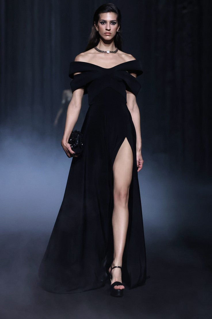 Crepe Gown with Bow-Like Collar