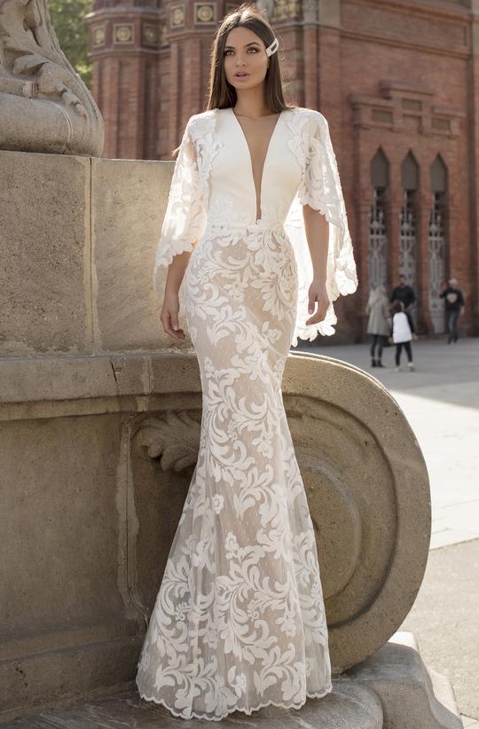 Leaf Plunging V Neck Lace Gown