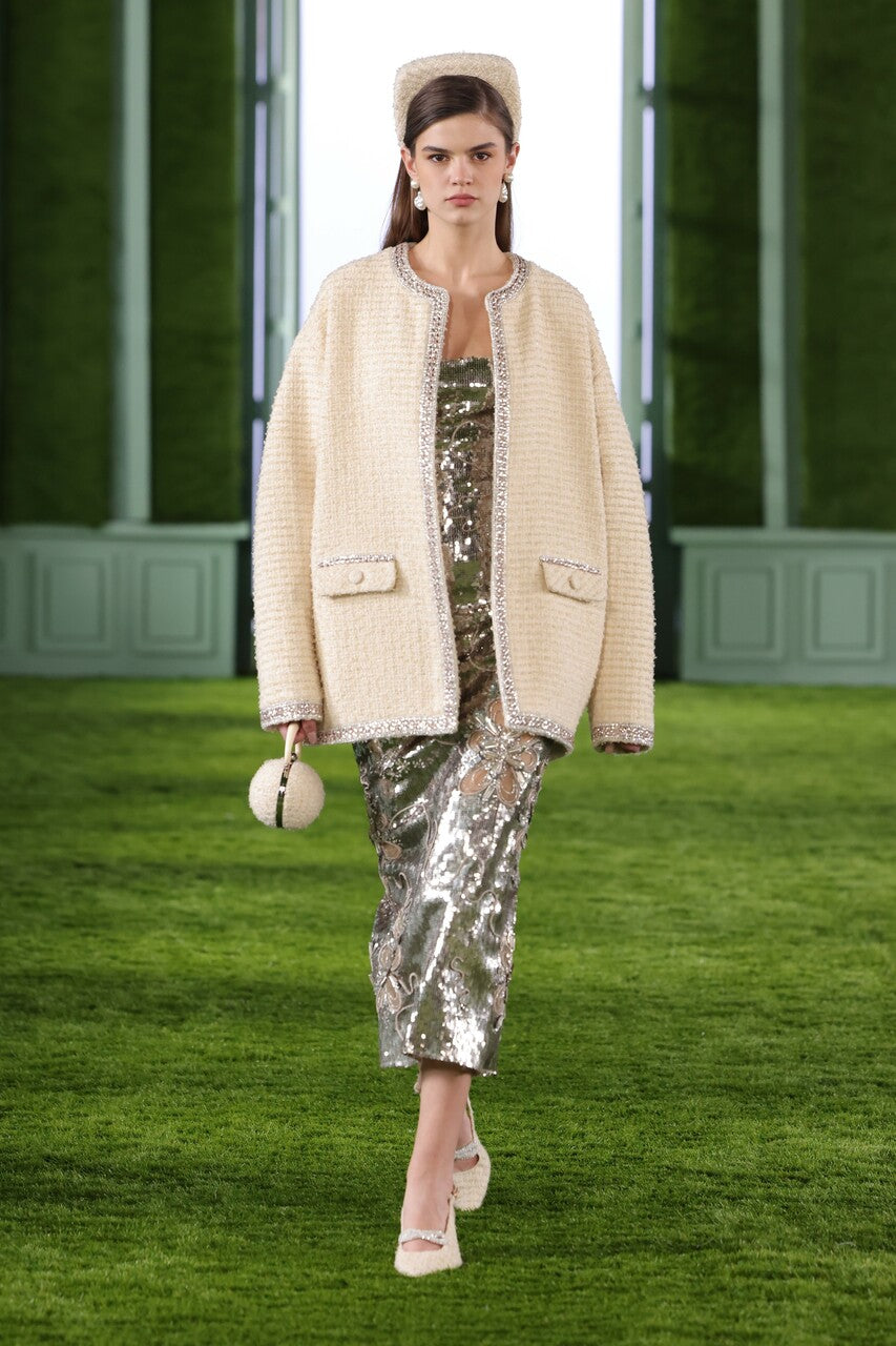 Oversized Tweed Bomber Jacket with Midi Dress