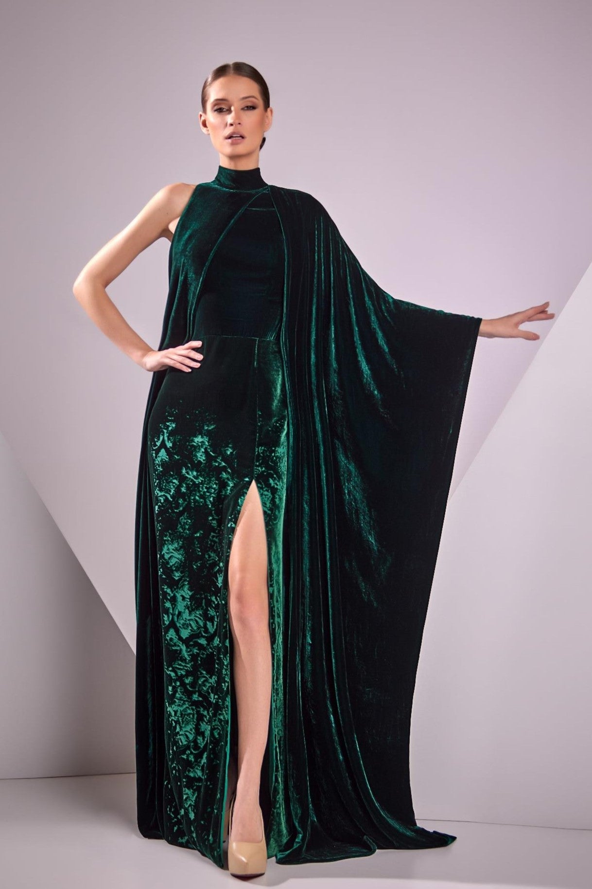 Velvet Devoré Cape Sleeve Gown