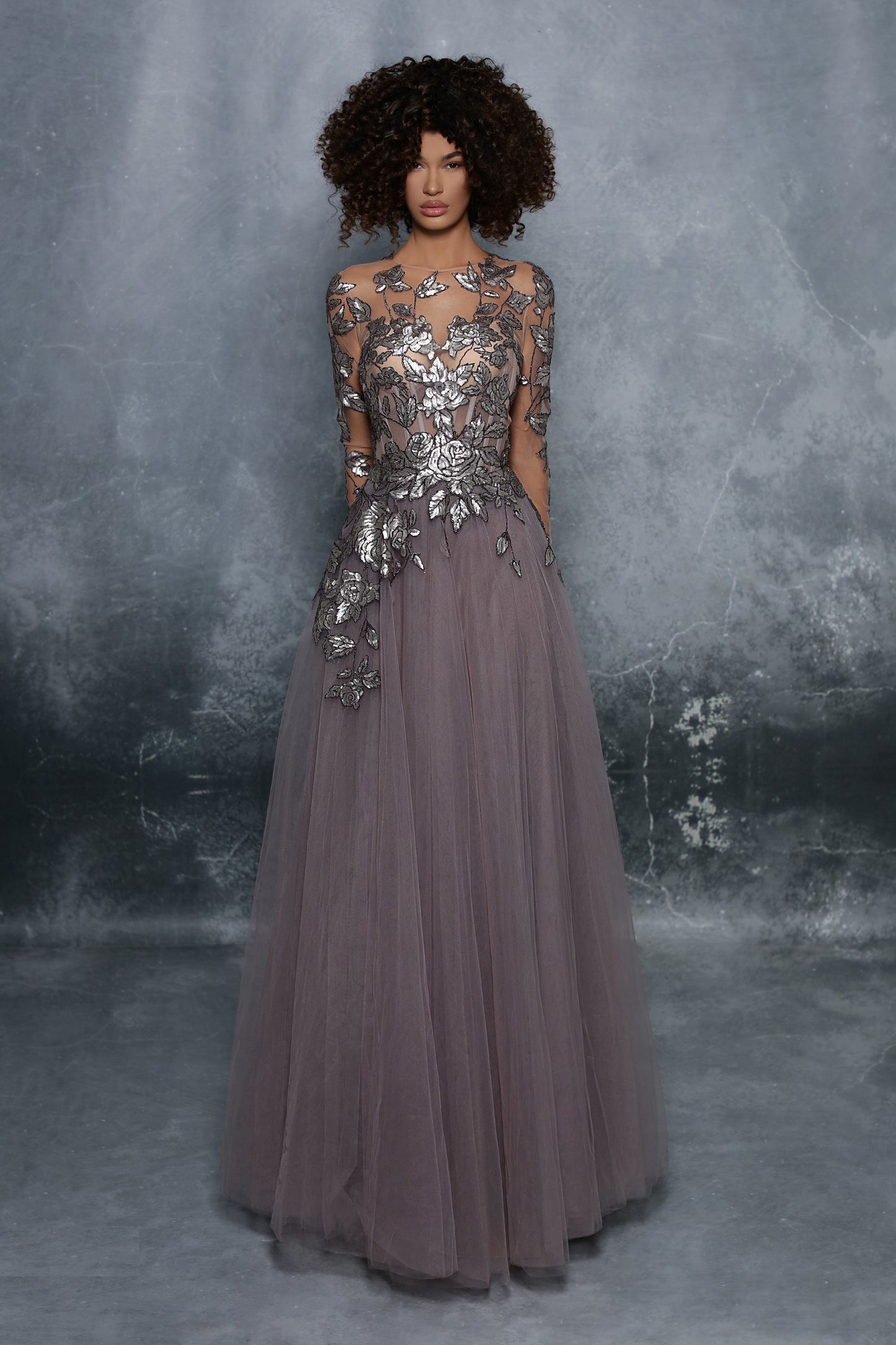 Boris Long Sleeve Tulle Embroidered Gown