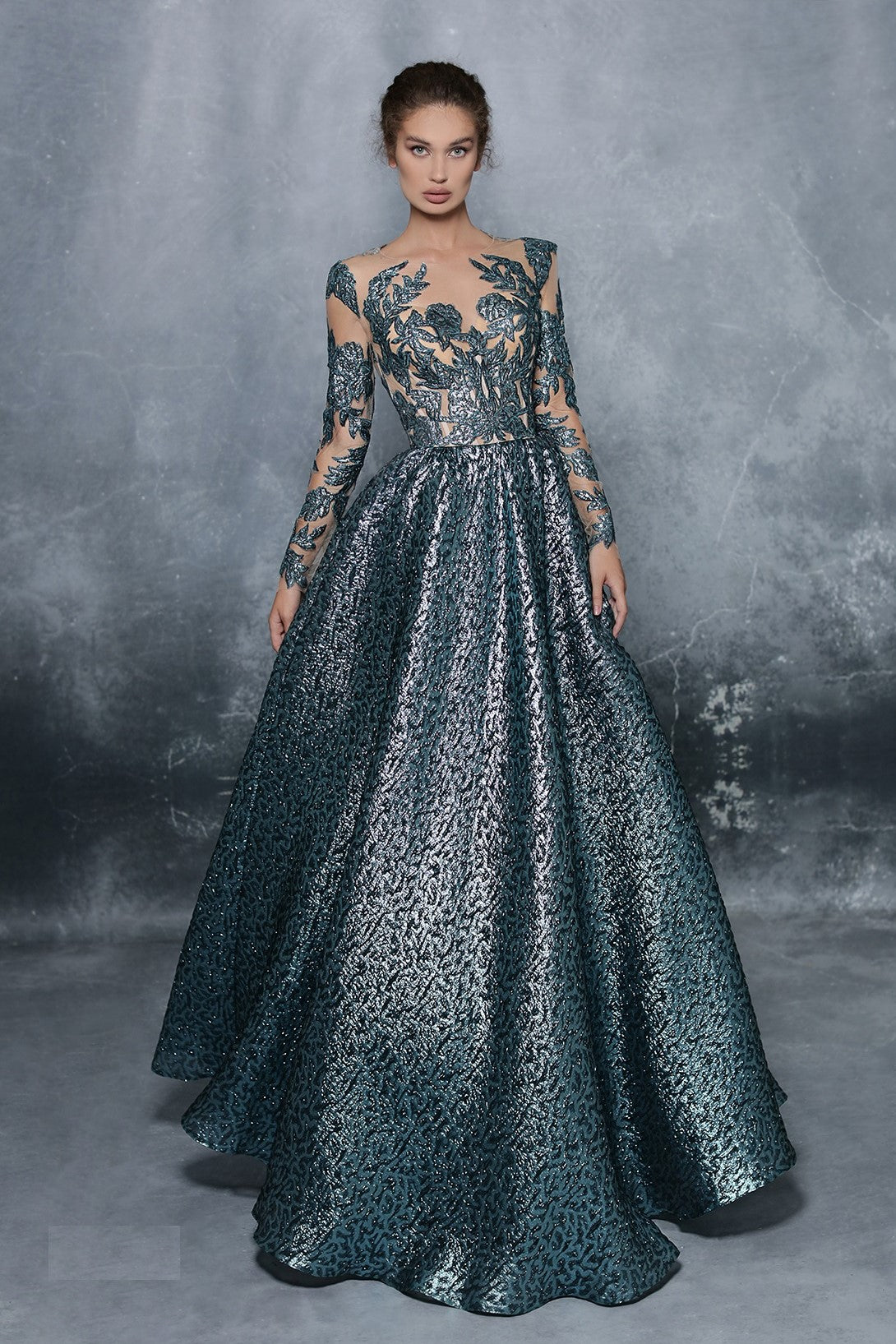 Aden Long Sleeve Leopard Jacquard Gown