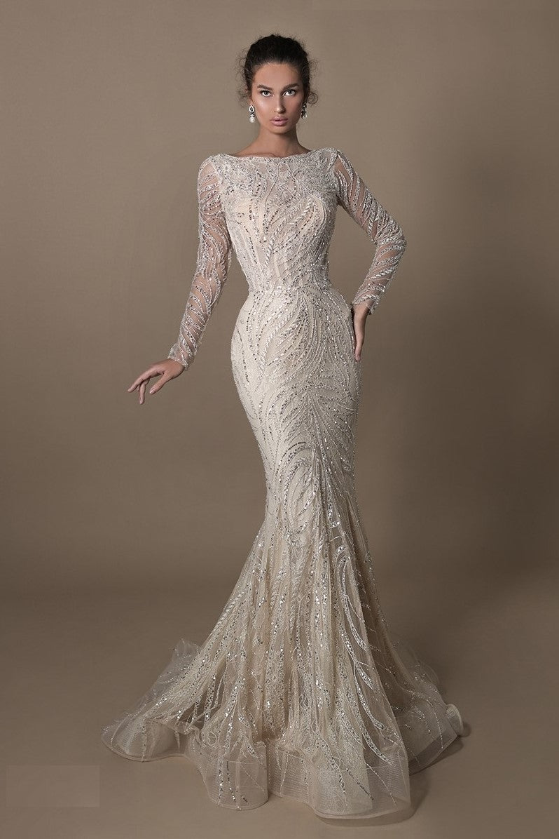 Palm Long Sleeve Embroidered Gown