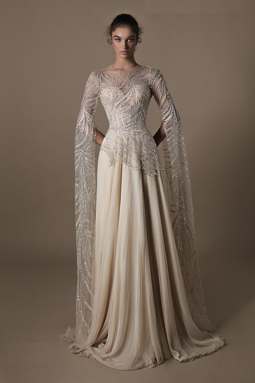 Latino Long Cape Sleeve Embroidered Gown