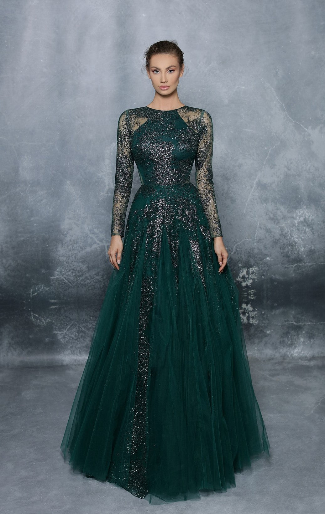 Sheer Long Sleeve Glitter Tulle Ball Gown