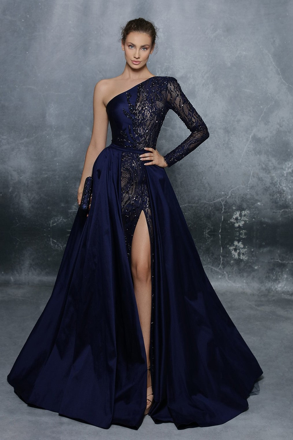 One Sleeve Gown with Overskirt