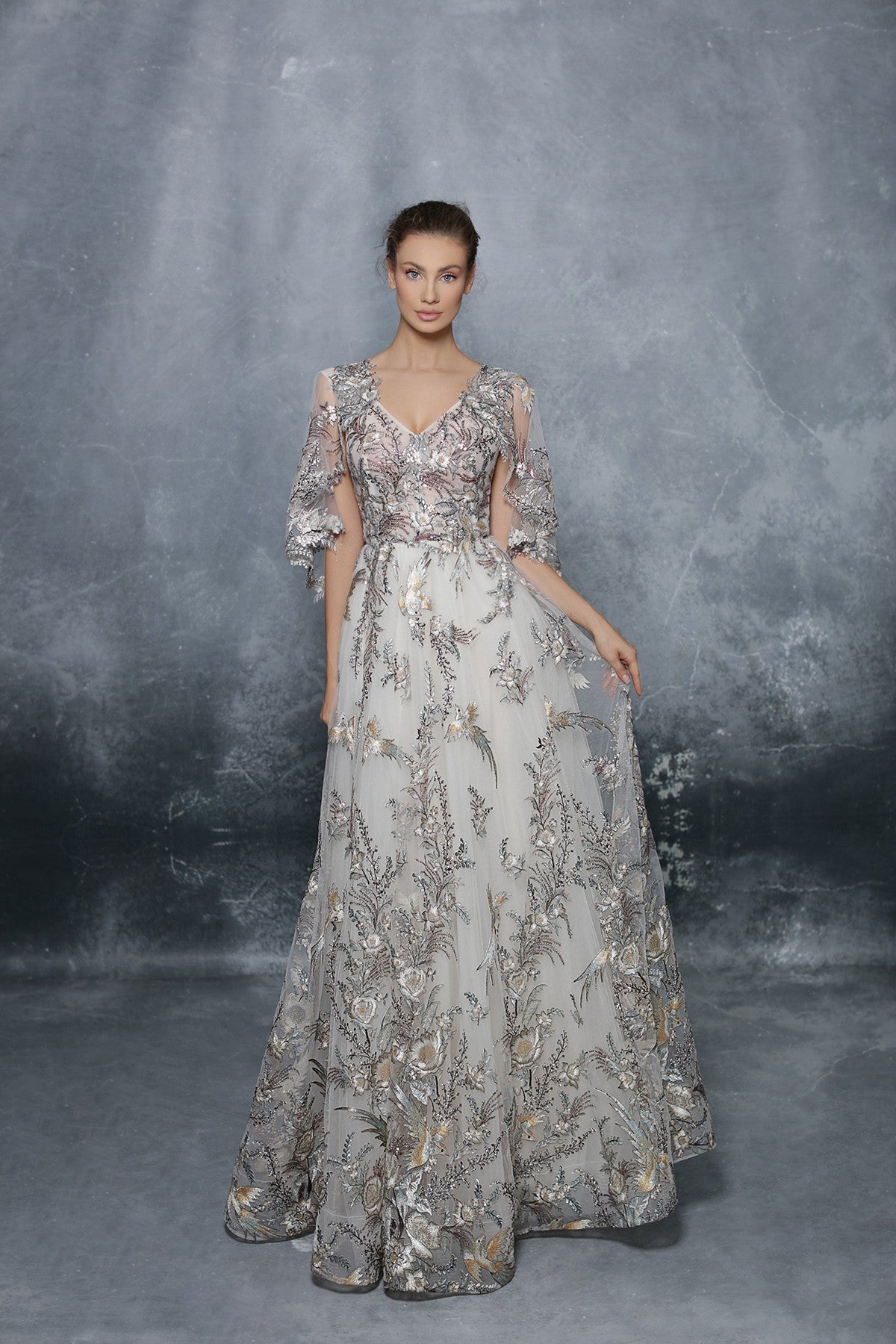 Embroidered Capelet Tulle Gown