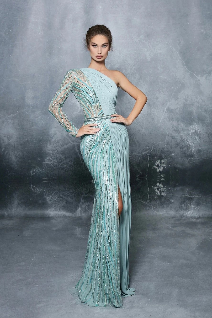 Sheer Embellished One Shoulder Gown