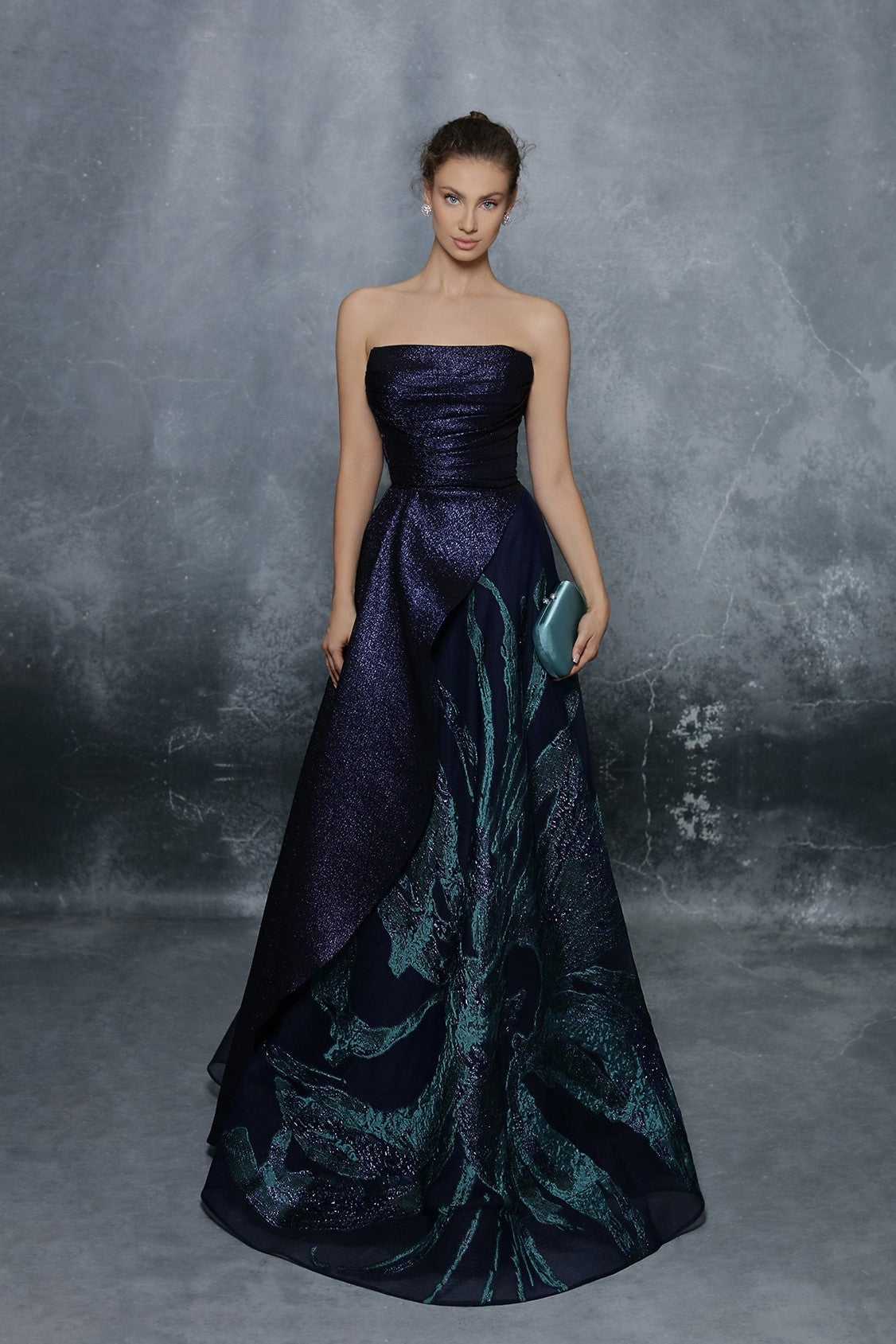 Floral Print Strapless Jacquard Gown