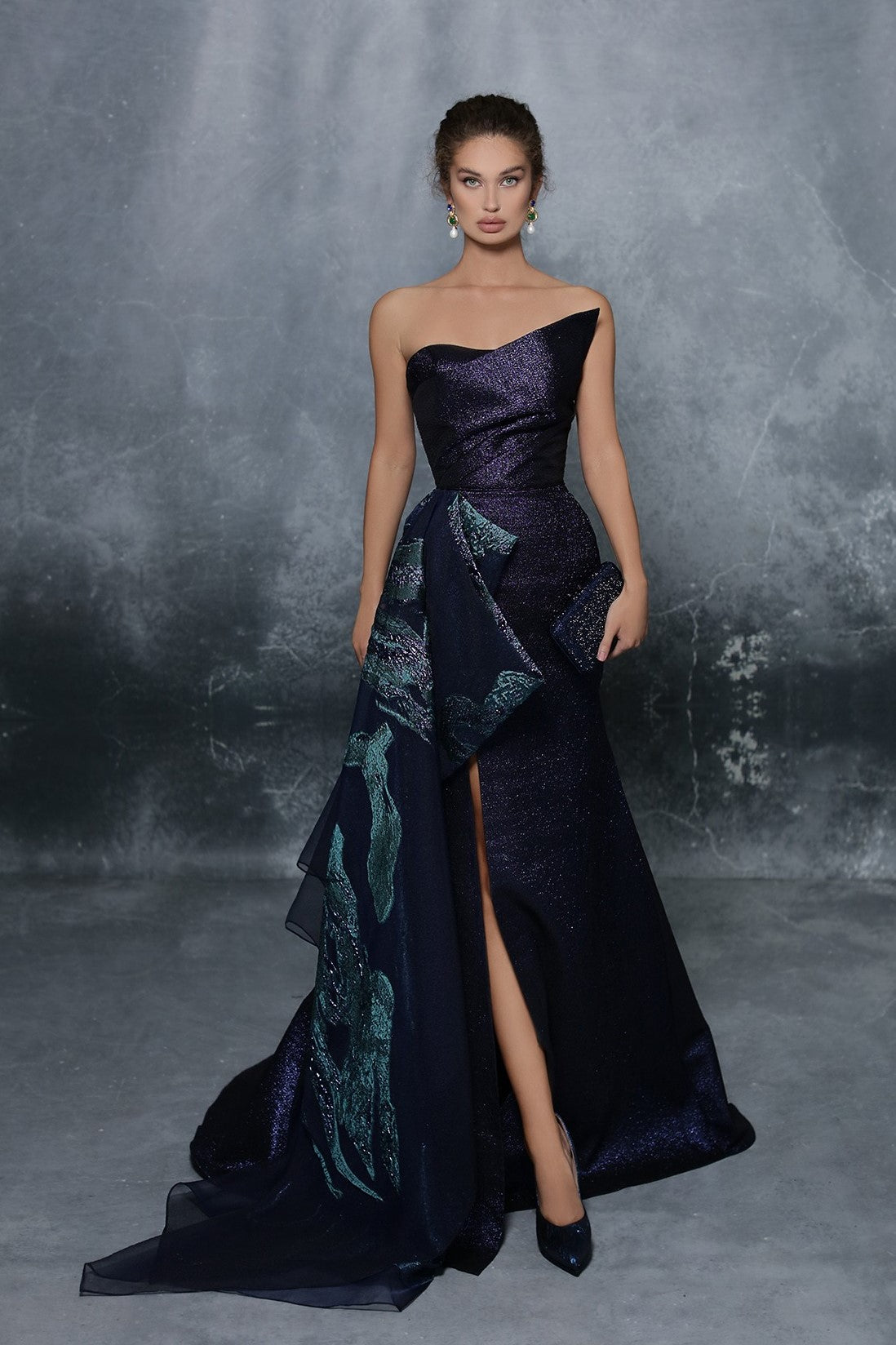 Strapless High Slit Jacquard Gown